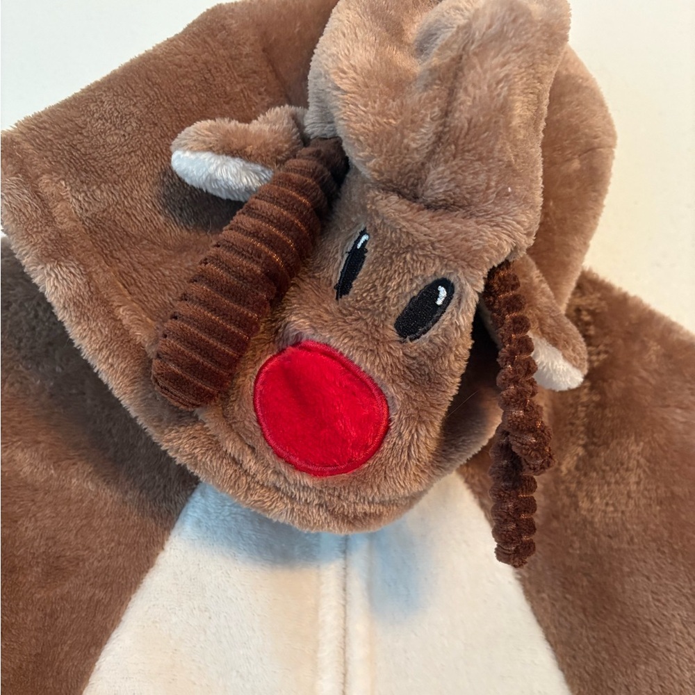 Brown Fuzzy Reindeer Hoodie with Red Nose Onesie